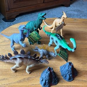 Set of six different dinosaurs, and one volcanoes